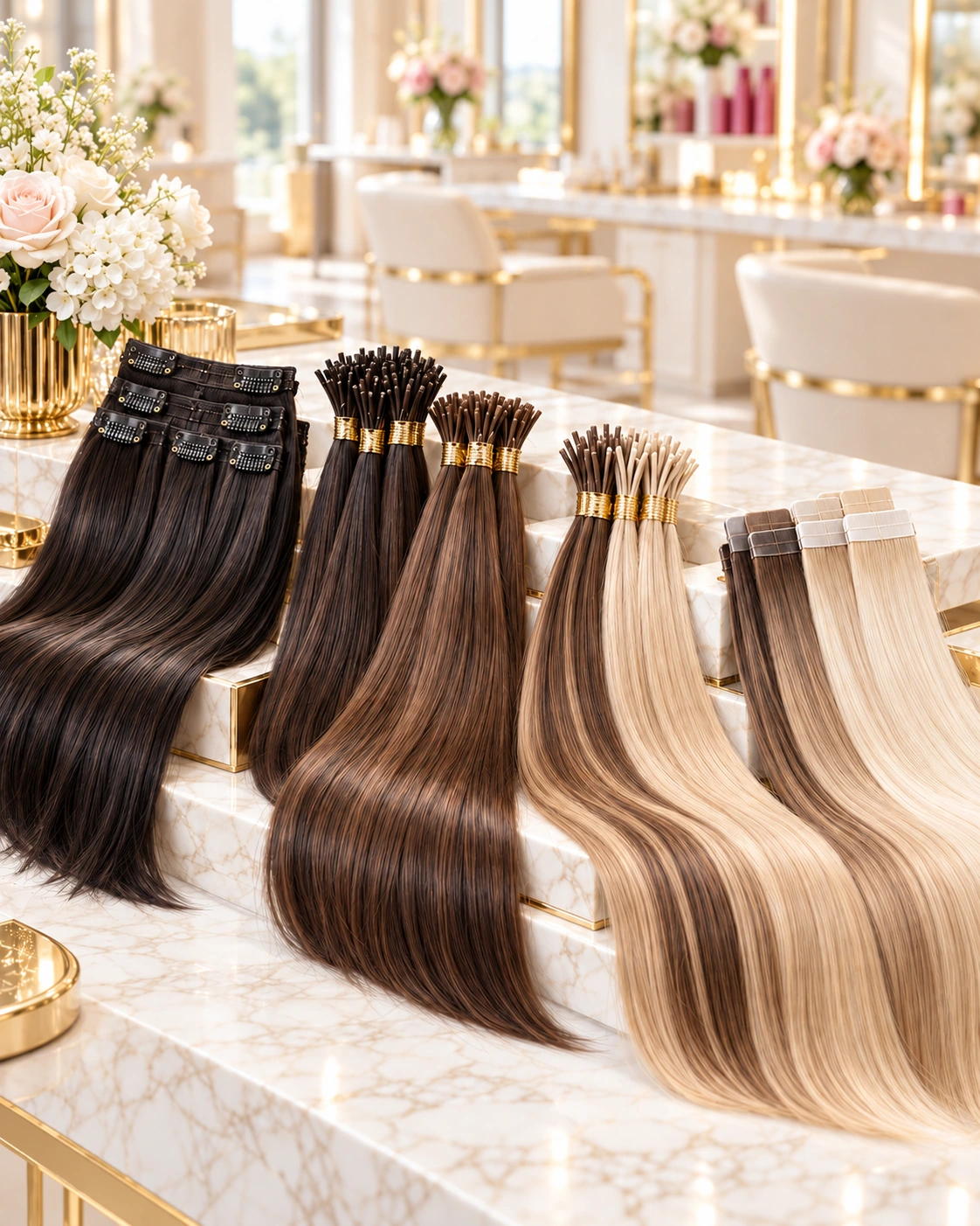 Extensiones de cabello en tonos oscuros, castaños y rubios sobre mármol en un salón luminoso