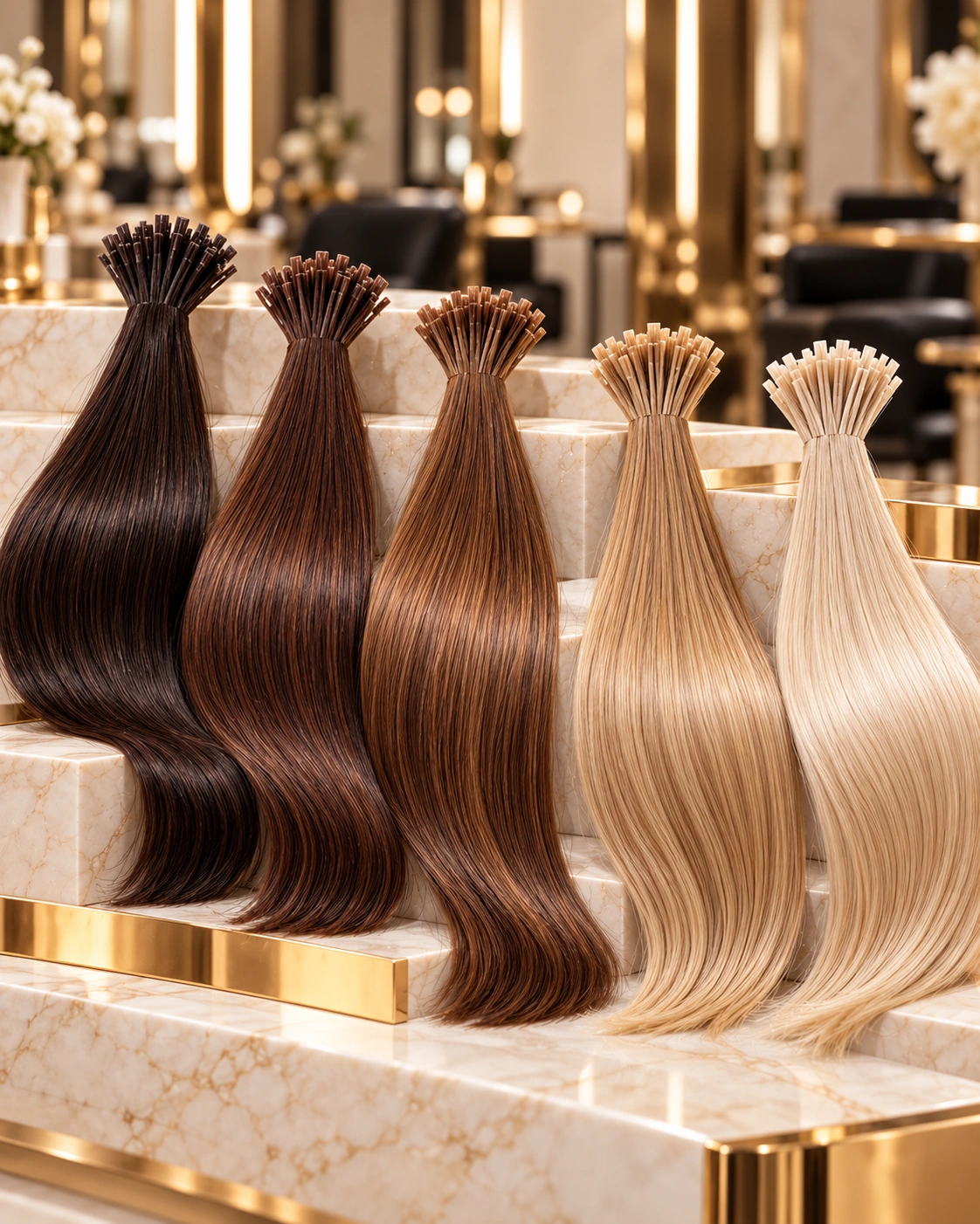 Mechones de extensiones por punto en cinco tonos de cabello
